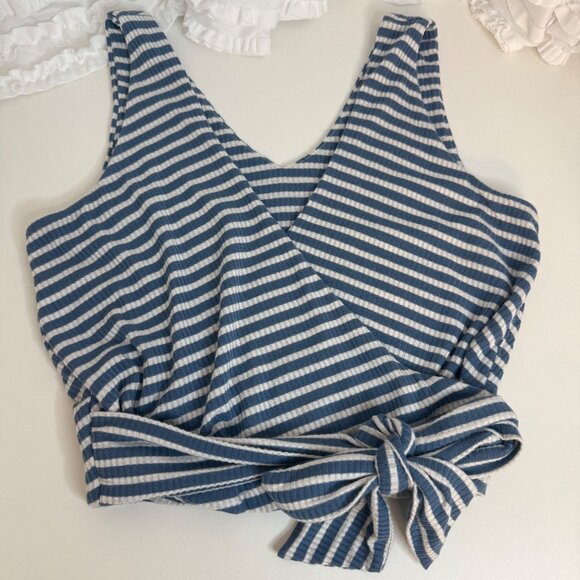 Dee Elly Blue & White Striped Wrap Crop Top Ribbed Sleeveless M - Picture 2 of 6